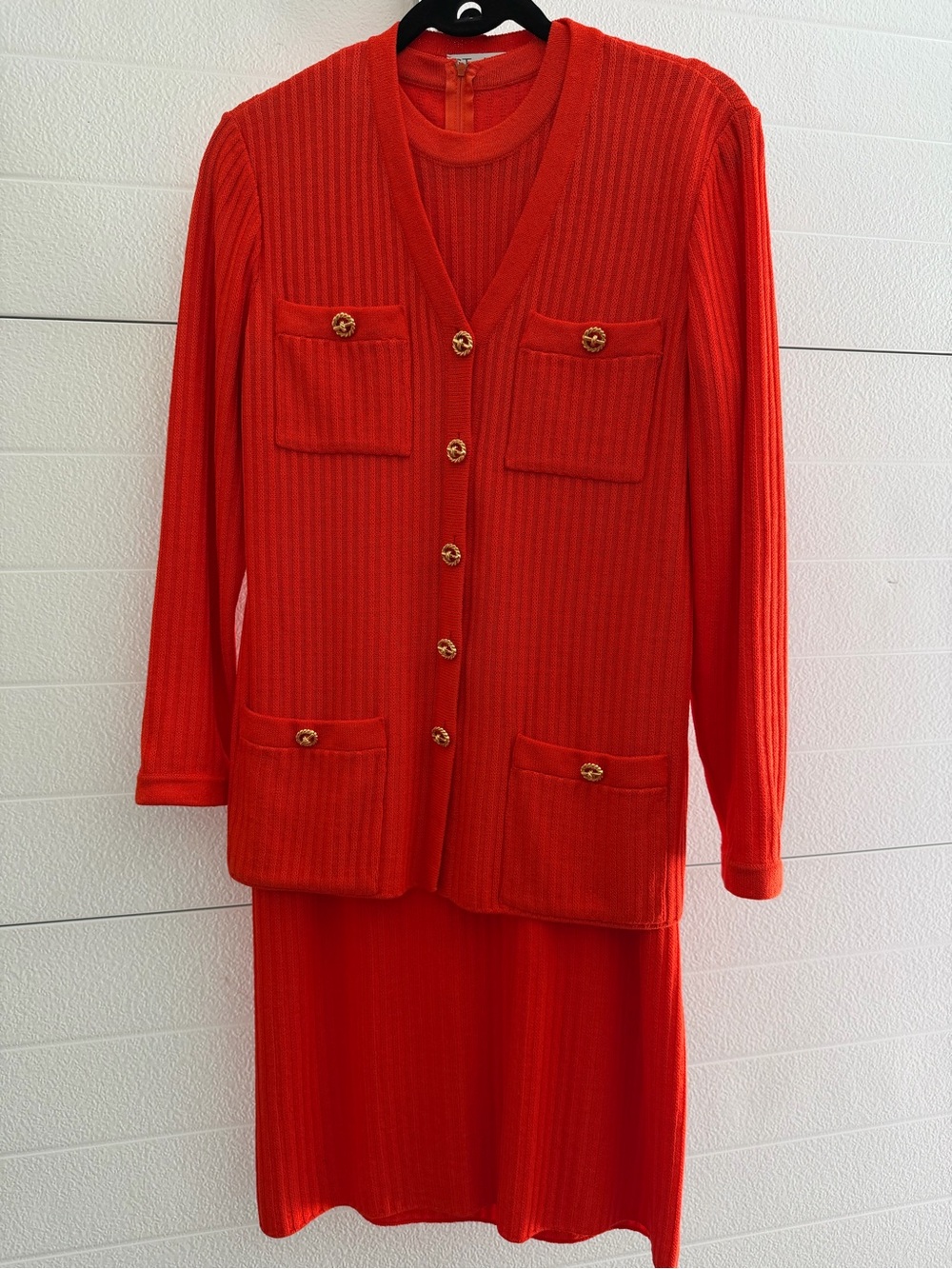 Women’s Red/orange Ribbed Two-Piece Dress with jacket Set